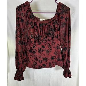 Ember Red W Black Flowers Smocked‎ Round Neck Long Sleeve Peplum Blouse Large